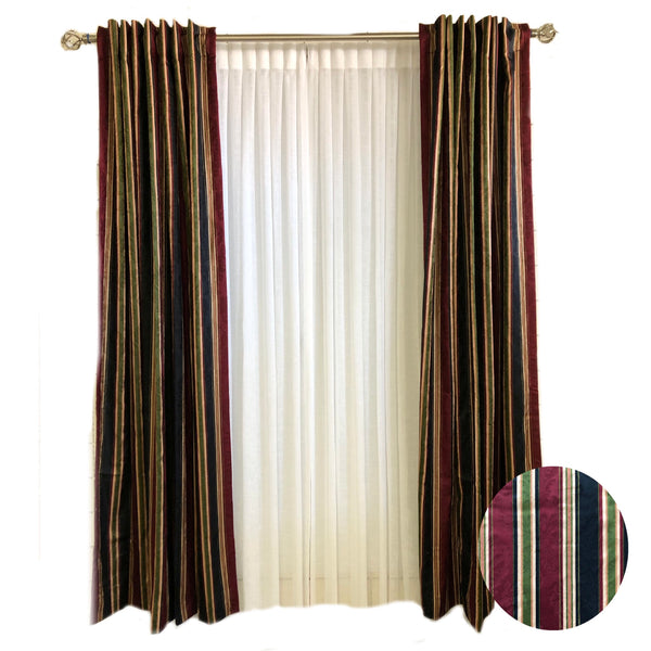 Burgundy Green and Gold Striped Printed Cotton Curtains